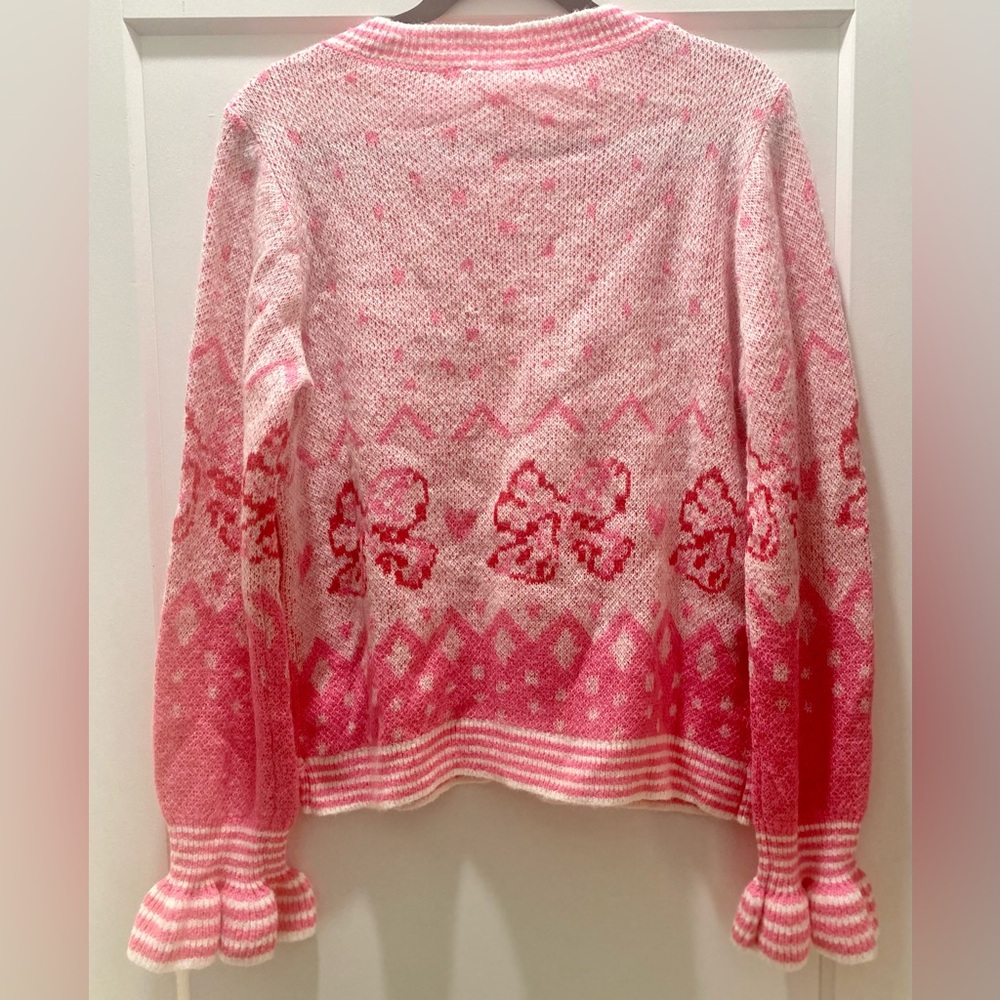 So Me Pink White Ruffle Bow Button Front Soft Pastel Cardigan Sweater Medium - Picture 4 of 8